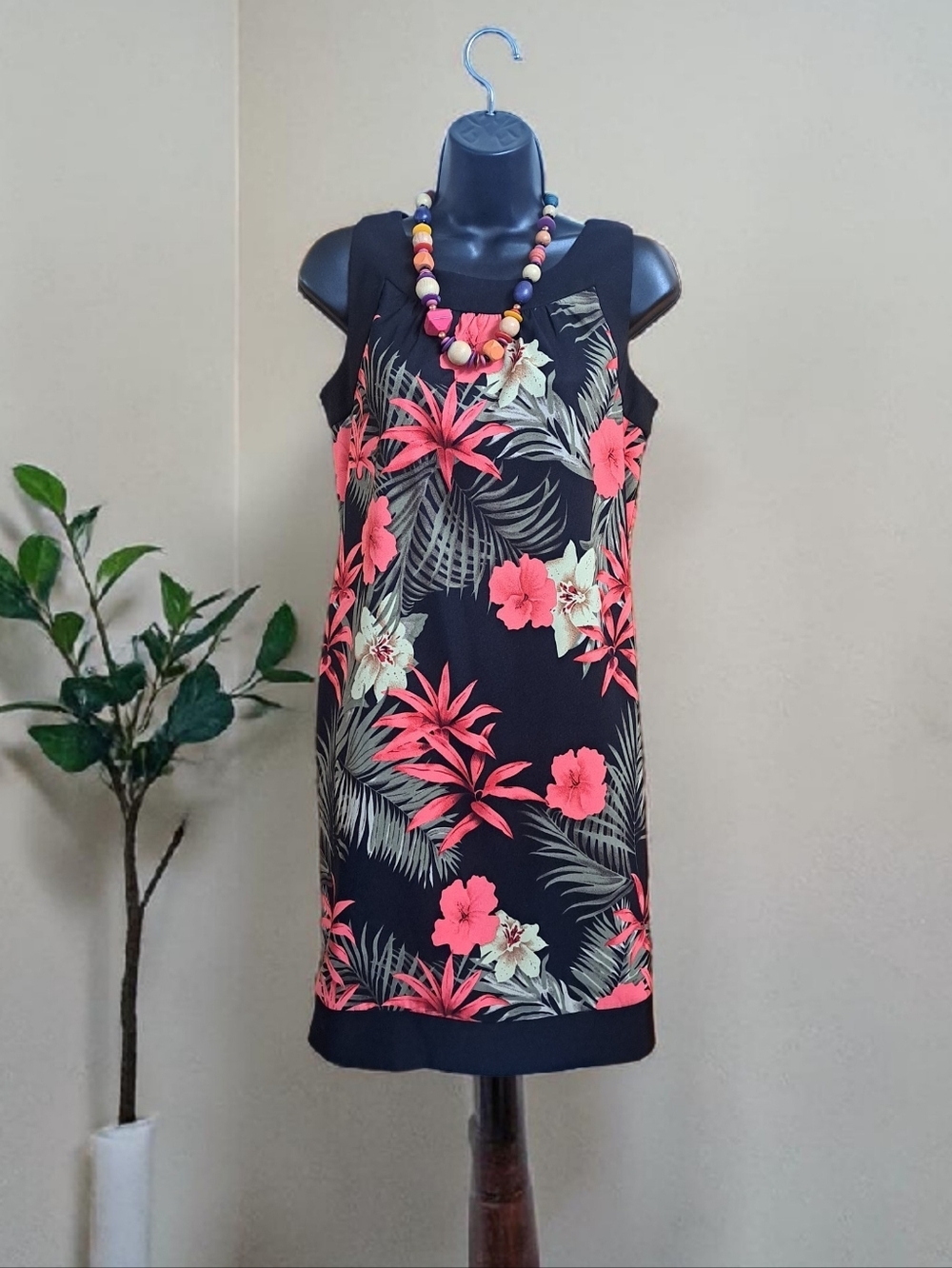 AB Studio Tropical Floral Shift Dress Women's Sz 8 Black Trim Colorful Vacation